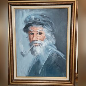 VINTAGE OIL ON CANVAS PAINTING  Portrait of a Bearded Man in Blue Tones